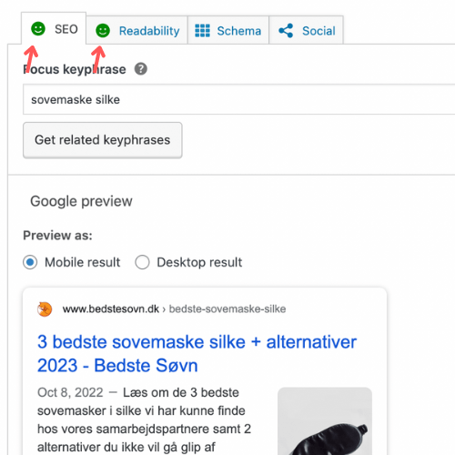 Søgeordsanalyse og tekst er grøn og positiv i Yoast SEO
