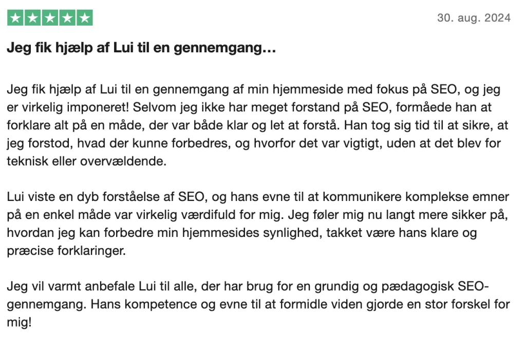 Udtalelse af mit online SEO kursus på trustpilot 3