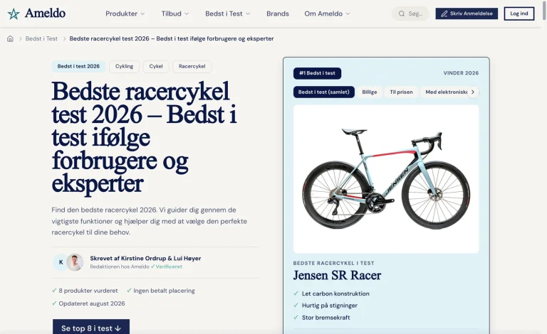 Bedst i test-artikel på Ameldo med det nye testvinder-kort: badge, produktfoto, pris og Se tilbud-knap ved siden af overskriften