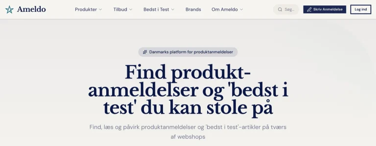Forsiden af ameldo.dk: »Find produktanmeldelser og bedst i test du kan stole på«, Danmarks platform for produktanmeldelser