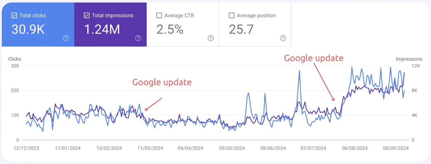 Search Console for bedstesovn.dk fra 12. december 2023 til 5. september 2024 med 30,9K klik og 1,24M visninger og to Google-opdateringer markeret på kurven