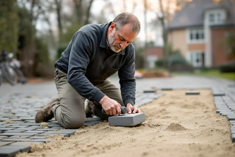 Brolægger sætter chaussésten i sand med gummihammer, fra Adias side om SEO for brolægger