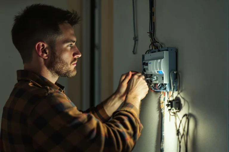Elektriker monterer en eltavle på væggen, fra Adias side om SEO for elektriker