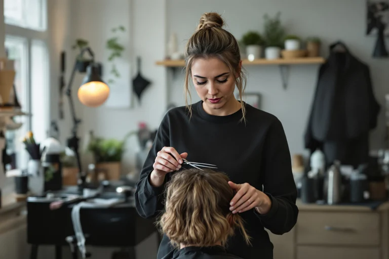 Frisør klipper en kunde i en mindre salon, fra Adias side om SEO for frisør