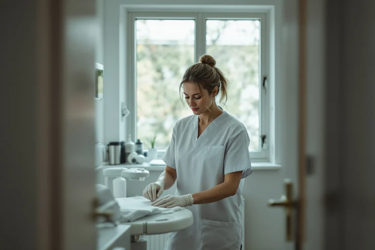 Behandler gør et behandlingsrum klar i en mindre klinik, fra Adias side om SEO for klinikker