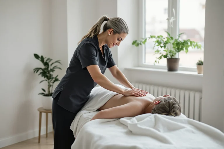 Massør behandler en kundes ryg og skuldre på briksen i en lille klinik, fra Adias side om SEO for massør