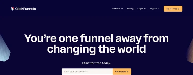 Forsiden af clickfunnels.com: »You're one funnel away from changing the world« med tilmeldingsfelt til Clickfunnels' salgstragte