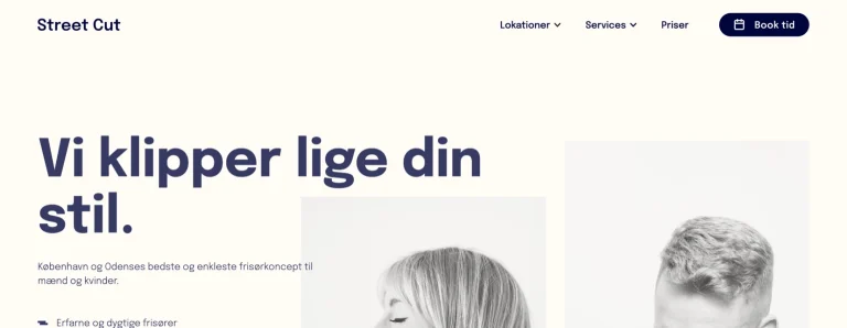 Forsiden af street-cut.dk: "Vi klipper lige din stil" — frisørkæde i København og Odense