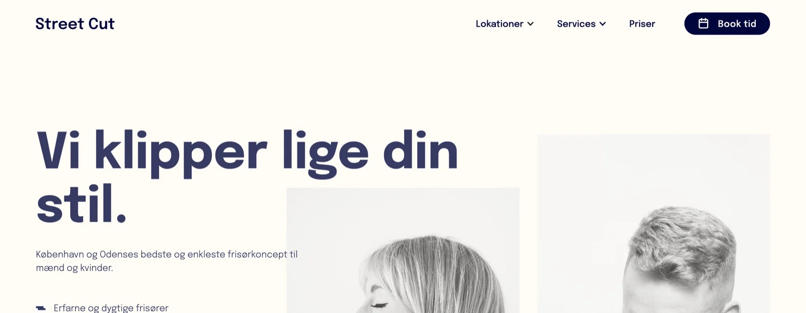 Forsiden af street-cut.dk: "Vi klipper lige din stil" — frisørkæde i København og Odense