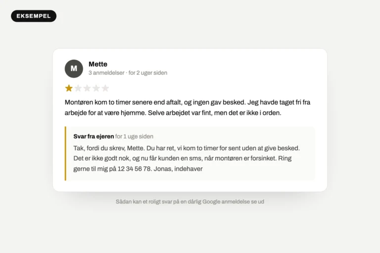 Eksempel på en dårlig Google anmeldelse med én stjerne og ejerens rolige svar: sådan kan svaret på dårlige Google anmeldelser se ud