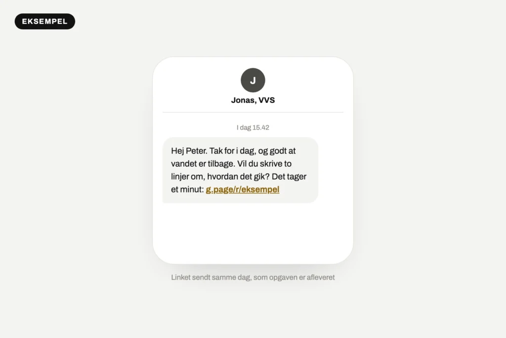 Eksempel på en sms fra en VVS'er med et direkte link til at skrive en anmeldelse, den bedste kur mod dårlige Google anmeldelser